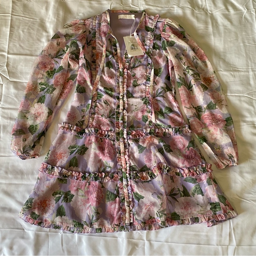 NWT Rachel Parcell Lilac Floral Lace Sleeve Ruffle Mini Dress - Picture 3 of 7